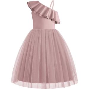 Arshiner Girls Dresses Ruffle Trim Off Shoulder Formal Wedding Party Fancy Summer Tulle Dress for 6-14 Years(Dusty Pink)