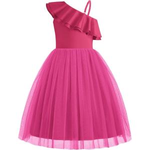 Arshiner Girls Dresses Ruffle Trim Off Shoulder Formal Wedding Party Fancy Summer Tulle Dress for 6-14 Years(Hot Pink)