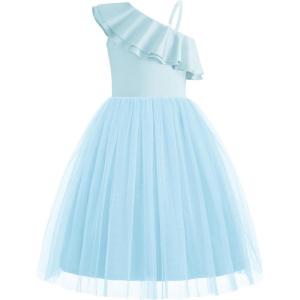 Arshiner Girls Dresses Ruffle Trim Off Shoulder Formal Wedding Party Fancy Summer Tulle Dress for 6-14 Years(Light Blue)