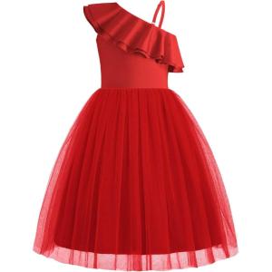 Arshiner Girls Dresses Ruffle Trim Off Shoulder Formal Wedding Party Fancy Summer Tulle Dress for 6-14 Years(Red)
