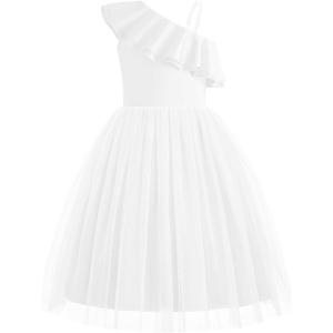 Arshiner Girls Dresses Ruffle Trim Off Shoulder Formal Wedding Party Fancy Summer Tulle Dress for 6-14 Years(White)