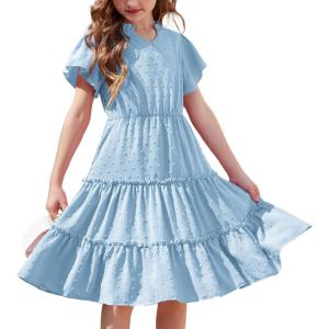 Arshiner Girls Dresses Summer Ruffle Sleeve Swiss Dot V Neck Twirl Birthday Party Midi Dress with Pockets(Light Blue)