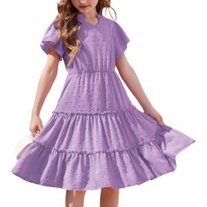 Arshiner Girls Dresses Summer Ruffle Sleeve Swiss Dot V Neck Twirl Birthday Party Midi Dress with Pockets(Lilac)