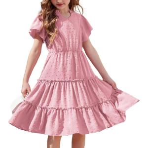Arshiner Girls Dresses Summer Ruffle Sleeve Swiss Dot V Neck Twirl Birthday Party Midi Dress with Pockets(Pink)