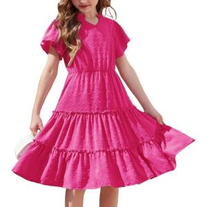 Arshiner Girls Dresses Summer Ruffle Sleeve Swiss Dot V Neck Twirl Birthday Party Midi Dress with Pockets(Rose Red)