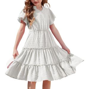 Arshiner Girls Dresses Summer Ruffle Sleeve Swiss Dot V Neck Twirl Birthday Party Midi Dress with Pockets(White)