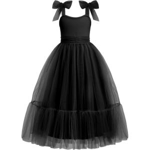 Arshiner Girls Dresses Summer Sleeveless Bow-Tie Straps Birthday Party Long Tulle Dress(Black)