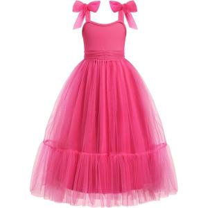 Arshiner Girls Dresses Summer Sleeveless Bow-Tie Straps Birthday Party Long Tulle Dress(Hot Pink)