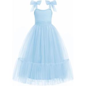 Arshiner Girls Dresses Summer Sleeveless Bow-Tie Straps Birthday Party Long Tulle Dress(Light Blue)