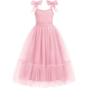 Arshiner Girls Dresses Summer Sleeveless Bow-Tie Straps Birthday Party Long Tulle Dress(Light Pink)