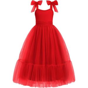 Arshiner Girls Dresses Summer Sleeveless Bow-Tie Straps Birthday Party Long Tulle Dress(Red)
