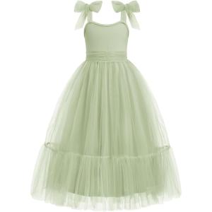 Arshiner Girls Dresses Summer Sleeveless Bow-Tie Straps Birthday Party Long Tulle Dress(Sage Green)