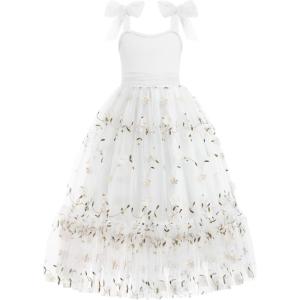 Arshiner Girls Dresses Summer Sleeveless Bow-Tie Straps Birthday Party Long Tulle Dress(White)