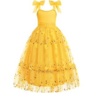 Arshiner Girls Dresses Summer Sleeveless Bow-Tie Straps Birthday Party Long Tulle Dress(Yellow)