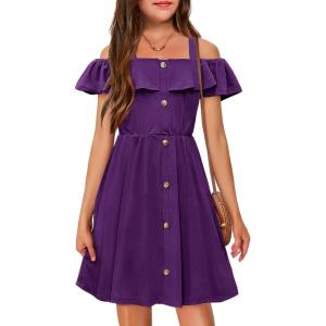 Arshiner Girls Dresses Summer Spaghetti Strap Cold Shoulder Ruffle Button Down A Line Dresses(Dark Purple)