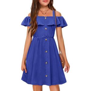 Arshiner Girls Dresses Summer Spaghetti Strap Cold Shoulder Ruffle Button Down A Line Dresses(Royal Blue)