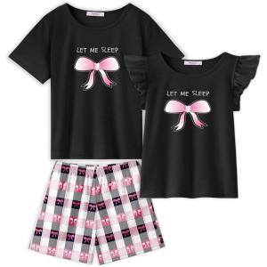 Arshiner Girls Pajamas Set Short Sleeve Pjs Sleepwear 3PCS Summer Lounge Sets Nightwear(Bow Plaid)