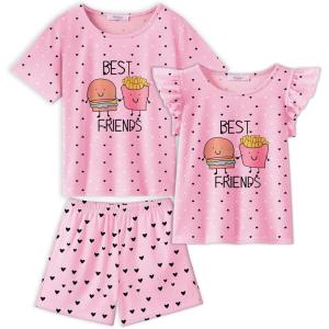 Arshiner Girls Pajamas Set Short Sleeve Pjs Sleepwear 3PCS Summer Lounge Sets Nightwear(Pink Burger)