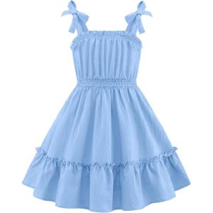 Arshiner Girls Summer Dress Bow-Tie Straps Sleeveless Flowy Ruffle Trim Boho Beach Casual Sundress(Baby Blue)