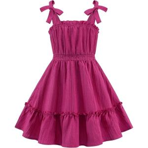 Arshiner Girls Summer Dress Bow-Tie Straps Sleeveless Flowy Ruffle Trim Boho Beach Casual Sundress(Hot Pink)