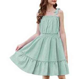 Arshiner Girls Summer Dress Bow-Tie Straps Sleeveless Flowy Ruffle Trim Boho Beach Casual Sundress(Ice Green)