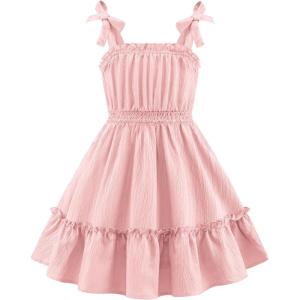 Arshiner Girls Summer Dress Bow-Tie Straps Sleeveless Flowy Ruffle Trim Boho Beach Casual Sundress(Light Pink)