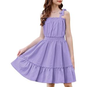 Arshiner Girls Summer Dress Bow-Tie Straps Sleeveless Flowy Ruffle Trim Boho Beach Casual Sundress(Light Purple)