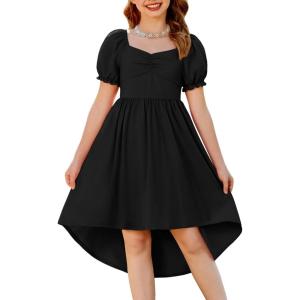 Arshiner Girls Summer Dress Puff Sleeve High Low Swing Off Shoulder Formal Dresses with Pocket(Black)