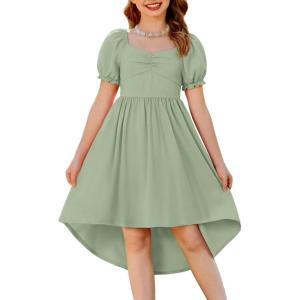 Arshiner Girls Summer Dress Puff Sleeve High Low Swing Off Shoulder Formal Dresses with Pocket(Light Green)