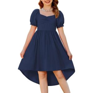 Arshiner Girls Summer Dress Puff Sleeve High Low Swing Off Shoulder Formal Dresses with Pocket(Navy Blue)
