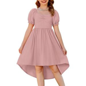 Arshiner Girls Summer Dress Puff Sleeve High Low Swing Off Shoulder Formal Dresses with Pocket(Pink)