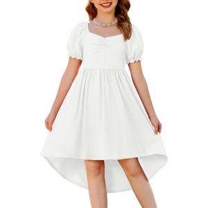 Arshiner Girls Summer Dress Puff Sleeve High Low Swing Off Shoulder Formal Dresses with Pocket(White)