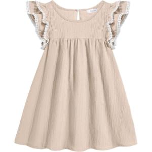 Arshiner Girls Summer Dress Toddler Ruffle Sleeve Dresses Kids Swing Casual Beach Boho Sundress with Pockets for 1-7t(Beige)
