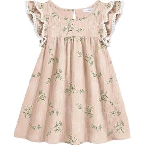 Arshiner Girls Summer Dress Toddler Ruffle Sleeve Dresses Kids Swing Casual Beach Boho Sundress with Pockets for 1-7t(Beige Floral)