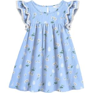 Arshiner Girls Summer Dress Toddler Ruffle Sleeve Dresses Kids Swing Casual Beach Boho Sundress with Pockets for 1-7t(Blue White Floral)