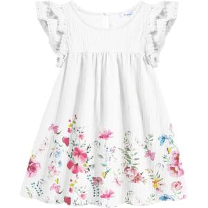 Arshiner Girls Summer Dress Toddler Ruffle Sleeve Dresses Kids Swing Casual Beach Boho Sundress with Pockets for 1-7t(White Floral)