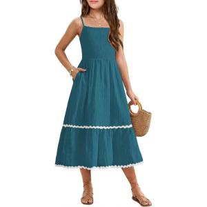 Arshiner Girls Summer Spaghetti Strap Dresses Flowy Tiered Cami Maxi Sundress with Pockets(Blue)