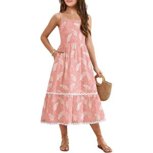 Arshiner Girls Summer Spaghetti Strap Dresses Flowy Tiered Cami Maxi Sundress with Pockets(Floral Pink)