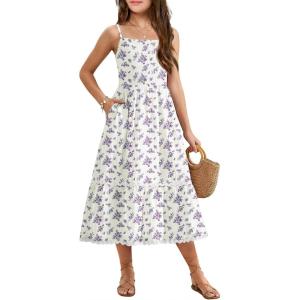 Arshiner Girls Summer Spaghetti Strap Dresses Flowy Tiered Cami Maxi Sundress with Pockets(Floral Purple)