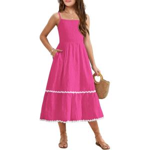 Arshiner Girls Summer Spaghetti Strap Dresses Flowy Tiered Cami Maxi Sundress with Pockets(Hot Pink)