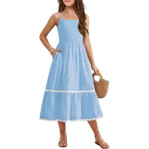Arshiner Girls Summer Spaghetti Strap Dresses Flowy Tiered Cami Maxi Sundress with Pockets(Light Blue)