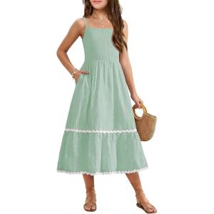 Arshiner Girls Summer Spaghetti Strap Dresses Flowy Tiered Cami Maxi Sundress with Pockets(Sage Green)