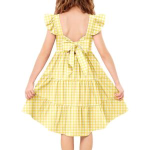 Arshiner Toddler Dress Little Girls Summer Cotton Backless High Low Hem Beach Casual Sundress with Pockets(Yellow White Plaid)