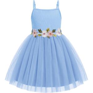 Arshiner Toddler Tulle Dress Summer Spaghetti Strap Party Tutu Flower Girl Dresses with Belt 3-8Y(Blue)
