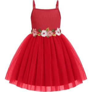 Arshiner Toddler Tulle Dress Summer Spaghetti Strap Party Tutu Flower Girl Dresses with Belt 3-8Y(Red)