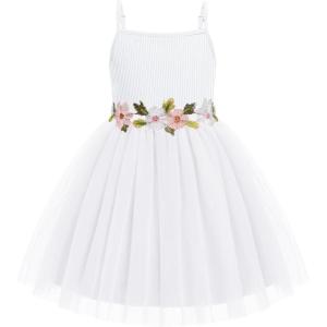Arshiner Toddler Tulle Dress Summer Spaghetti Strap Party Tutu Flower Girl Dresses with Belt 3-8Y(White)