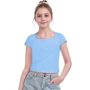 Arshiner Trendy Crop Tops for Girls Short Sleeve Summer Shirts Square Neck Slim Fit Tee Blouse(Light Blue)