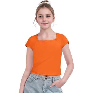 Arshiner Trendy Crop Tops for Girls Short Sleeve Summer Shirts Square Neck Slim Fit Tee Blouse(Orange)