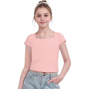 Arshiner Trendy Crop Tops for Girls Short Sleeve Summer Shirts Square Neck Slim Fit Tee Blouse(Pink)