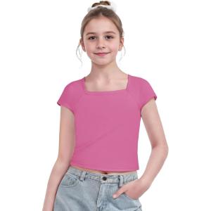 Arshiner Trendy Crop Tops for Girls Short Sleeve Summer Shirts Square Neck Slim Fit Tee Blouse(Rose Red)